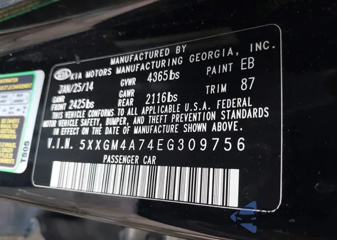 2014 Kia Optima Lx from USA, damaged, VIN 5XXGM4A74EG309756